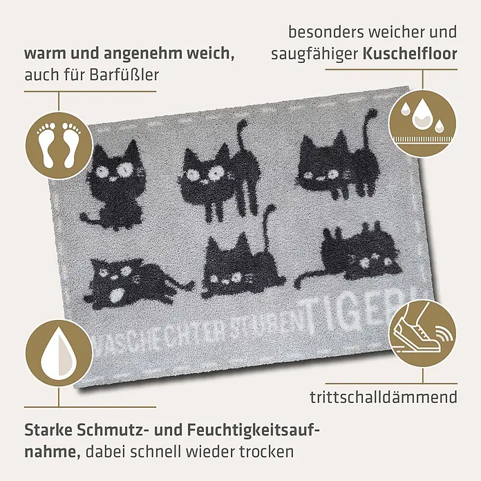 Akzente Fußmatte Feel - Mehrfarbig, Tiere|Schriftzug - Graue Fußmatte mit schwarzen Katzenmotiven, weich, saugfähig und trittschalldämmend für Barfüßler.