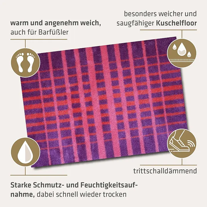 Akzente Fußmatte Feel - Mehrfarbig, Motiv / Muster - Ein weicher, saugfähiger und trittschalldämmender Kuschelfloor-Läufer in Lila-Pink mit Streifenmuster.