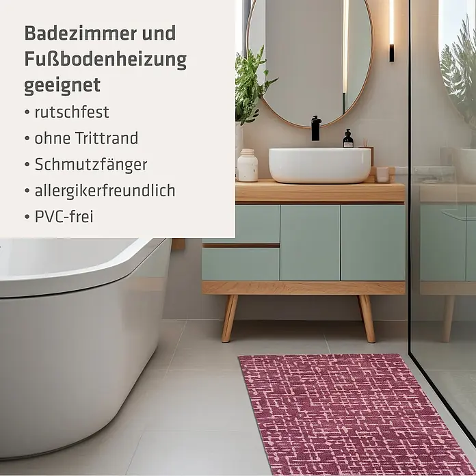 Akzente Fußmatte Feel - 200 x 80 cm, Mehrfarbig, Motiv / Muster - Rosafarbene gemusterte Badematte auf Fliesenboden in einem modernen Badezimmer.