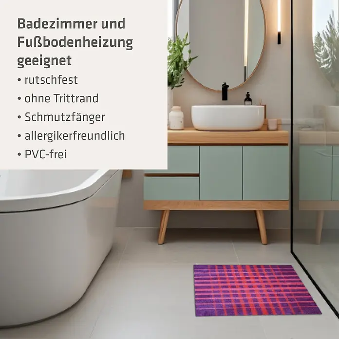 Akzente Fußmatte Feel - Mehrfarbig, Motiv / Muster - Lila-pink karierte Badematte auf Badezimmerboden, rutschfest, schmutzfangend und allergikerfreundlich.
