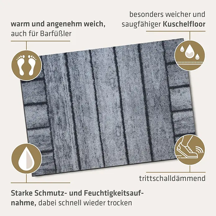 Akzente Fußmatte Feel - Mehrfarbig, Holz-Optik - Graue, weiche, saugfähige Matte mit Streifenstruktur, die wärmt, schallhemmend wirkt und schnell trocknet.