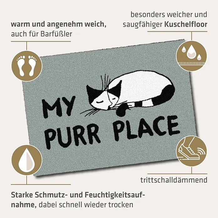 Akzente Fußmatte Feel - 70 x 50 cm, Mehrfarbig, Motiv / Muster|Tiere|Schriftzug - Graue Fußmatte mit schlafender Katze und Schriftzug "MY PURR PLACE". Weich, saugfähig und trittschalldämmend.