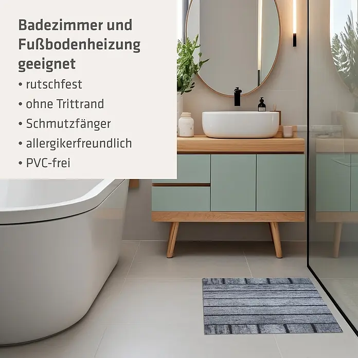 Akzente Fußmatte Feel - Mehrfarbig, Holz-Optik - Rechteckiger grauer Badteppich mit Holzplankenmuster auf Fliesenboden.