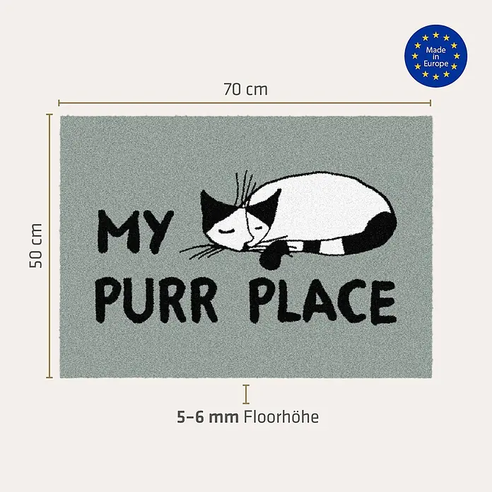 Akzente Fußmatte Feel - 70 x 50 cm, Mehrfarbig, Motiv / Muster|Tiere|Schriftzug - Graue Fußmatte mit schlafender Katze und Schriftzug 'MY PURR PLACE', 70x50 cm, 5-6 mm dick, Made in Europe.