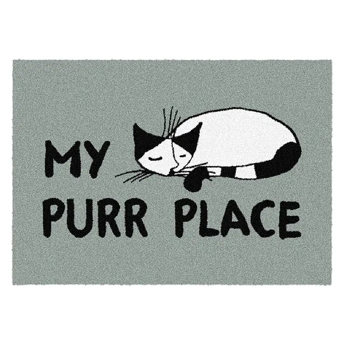 Akzente Fußmatte Feel - 70 x 50 cm, Mehrfarbig, Motiv / Muster|Tiere|Schriftzug - Graue Fußmatte mit einer schwarz-weißen schlafenden Katzenillustration und dem Text 'MY PURR PLACE'.