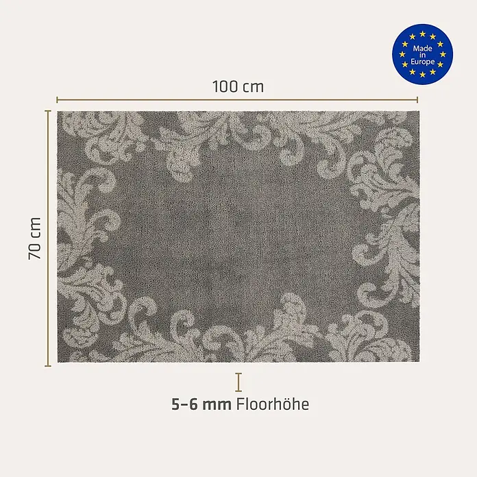 Akzente Fußmatte Feel - Mehrfarbig, Motiv / Muster|Floral - Graue Fußmatte mit hellem Blumenmuster, 100x70 cm, Florhöhe 5-6 mm.