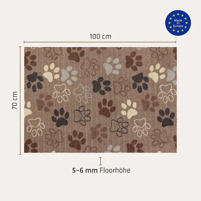 Akzente Fußmatte Feel - Mehrfarbig, Motiv / Muster|Tiere - Braune Matte mit Pfotenabdruckmuster, 100x70 cm, 5-6 mm Florhöhe.