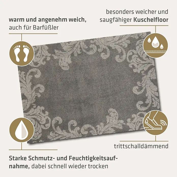 Akzente Fußmatte Feel - Mehrfarbig, Motiv / Muster|Floral - Graue, gemusterte Fußmatte, warm, weich und hoch saugfähig. Auch trittschalldämmend und schnell trocknend.