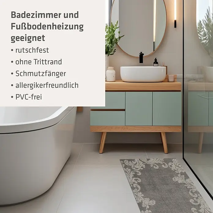 Akzente Fußmatte Feel - Mehrfarbig, Motiv / Muster|Floral - Graue gemusterte Badematte auf hellem Fliesenboden in einem modernen Badezimmer.