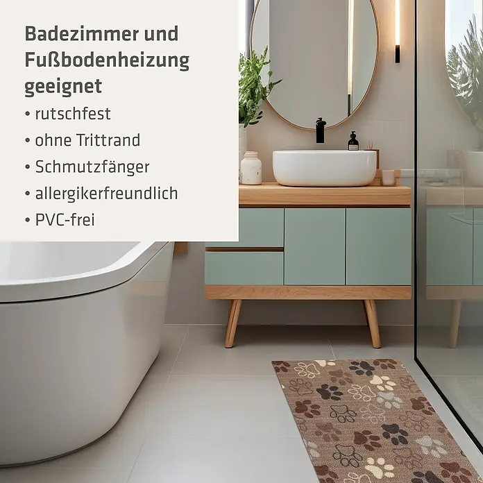 Akzente Fußmatte Feel - Mehrfarbig, Motiv / Muster|Tiere - Braune Badematte mit Pfotenabdruck-Design, geeignet für Badezimmer und Fußbodenheizung, auf dem Boden neben einer Badewanne.