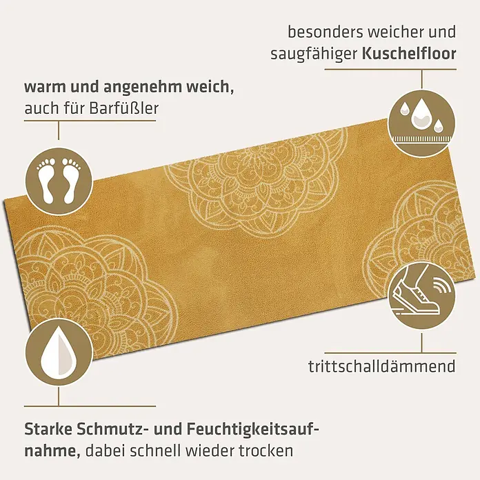 Akzente Fußmatte Feel - 200 x 80 cm, Mehrfarbig, Motiv / Muster - Senfgelber Teppich mit Mandala-Muster, weich, saugfähig und trittschalldämmend.