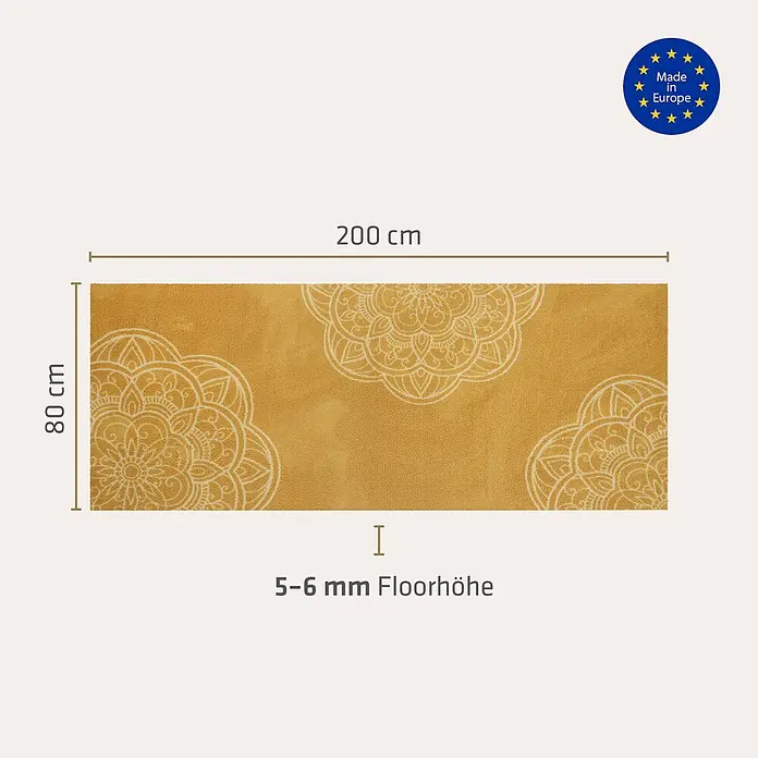 Akzente Fußmatte Feel - 200 x 80 cm, Mehrfarbig, Motiv / Muster - Gelber Teppich mit weißem Mandala-Muster, 200x80 cm. Florhöhe 5-6 mm. Made in Europe.