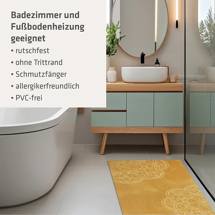 Akzente Fußmatte Feel - 200 x 80 cm, Mehrfarbig, Motiv / Muster - Eine gelbe Badematte mit weißem Mandala-Muster liegt auf dem gefliesten Boden eines modernen Badezimmers, neben einer Duschkabine.
