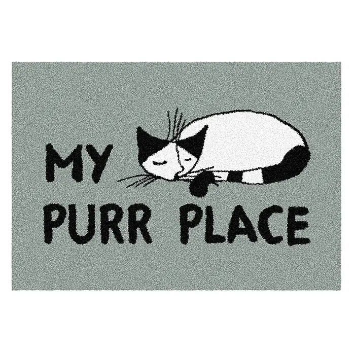 Akzente Fußmatte Feel - 50 x 35 cm, Mehrfarbig, Motiv / Muster|Tiere|Schriftzug - Graue Fußmatte mit schlafender Katze in Schwarz-Weiß und dem Text 'MY PURR PLACE'.