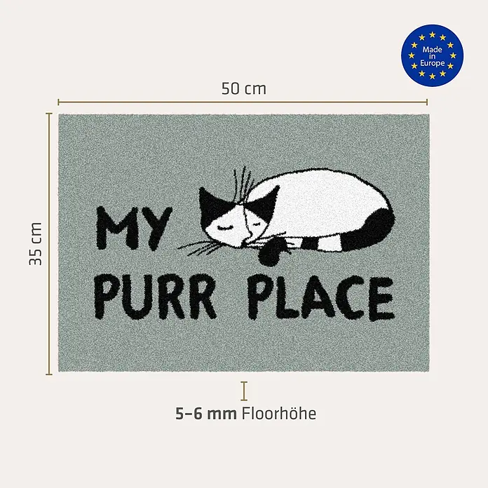 Akzente Fußmatte Feel - 50 x 35 cm, Mehrfarbig, Motiv / Muster|Tiere|Schriftzug - Graue rechteckige Matte mit schlafender schwarz-weißer Katze und Text 'MY PURR PLACE'. Maße: 50x35 cm.