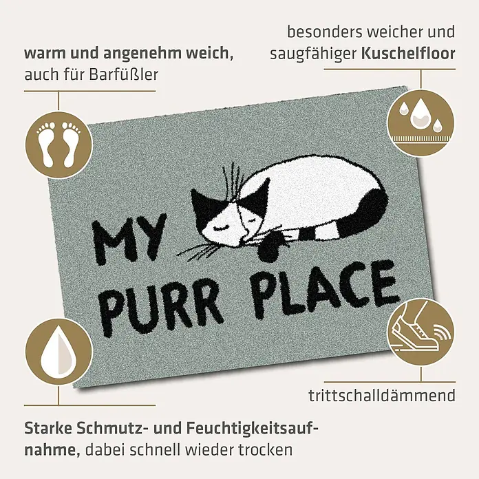Akzente Fußmatte Feel - 50 x 35 cm, Mehrfarbig, Motiv / Muster|Tiere|Schriftzug - Graue Fußmatte mit 'MY PURR PLACE' und schlafender Katze. Weich, saugfähig, schmutz- und feuchtigkeitsabsorbierend, schnell trocknend, trittschalldämmend.