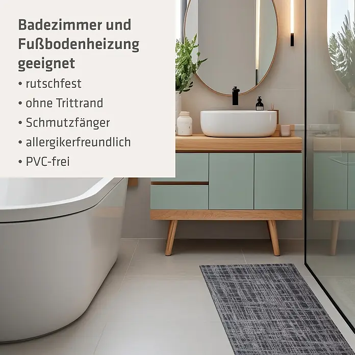 Akzente Fußmatte Feel - 100 x 70 cm, Mehrfarbig, Motiv / Muster - Grauer gemusterter Badteppich auf hellem Fliesenboden in einem modernen Badezimmer.