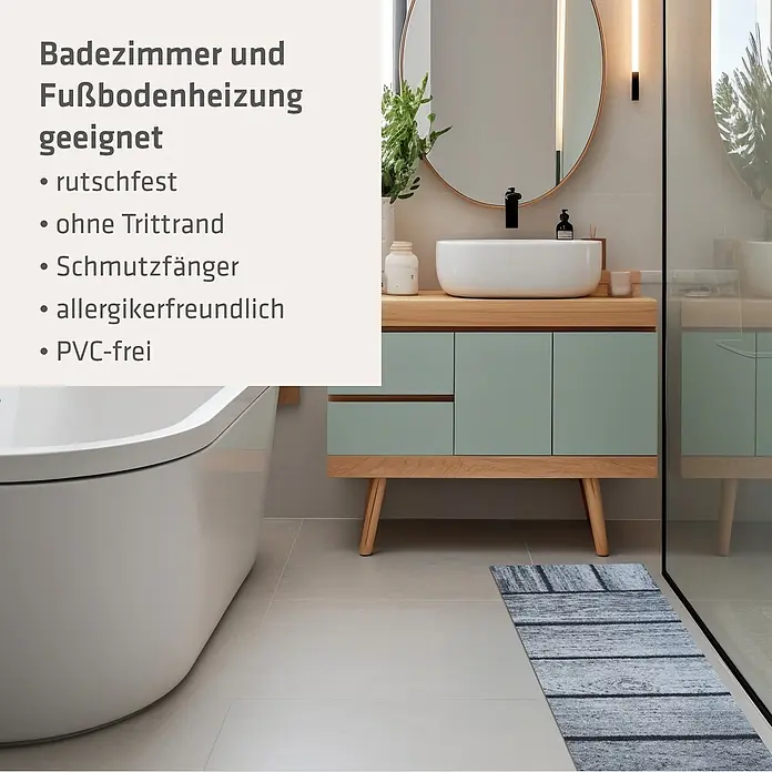 Akzente Fußmatte Feel - Mehrfarbig, Holz-Optik - Graue, rutschfeste Badematte mit Holzmaserung auf einem gefliesten Badezimmerboden.