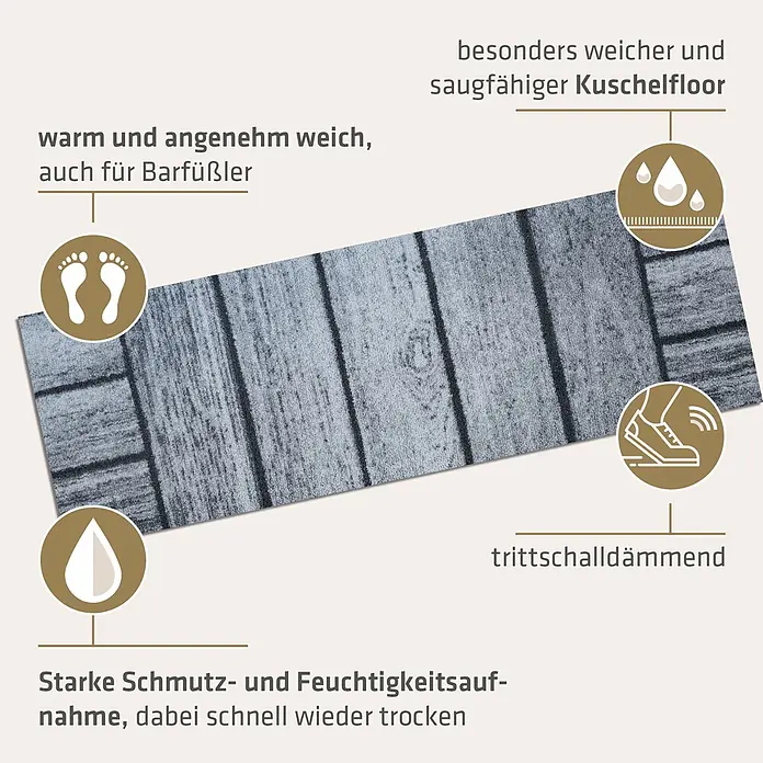 Akzente Fußmatte Feel - Mehrfarbig, Holz-Optik - Graue Matte im Holzplankendesign, weich, saugfähig, trittschalldämmend und schnelltrocknend.