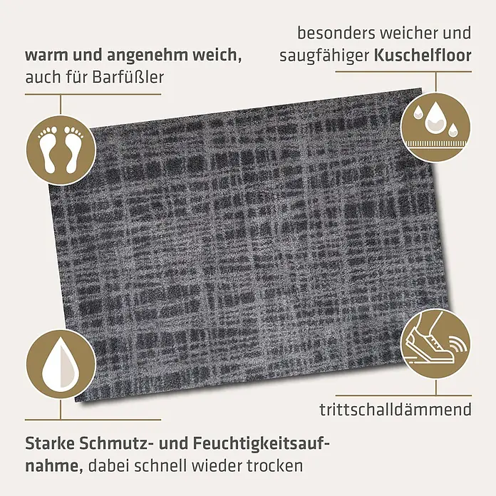 Akzente Fußmatte Feel - 100 x 70 cm, Mehrfarbig, Motiv / Muster - Graue, weiche und saugfähige Matte mit dezentem Gittermuster, ideal für Eingangsbereiche.