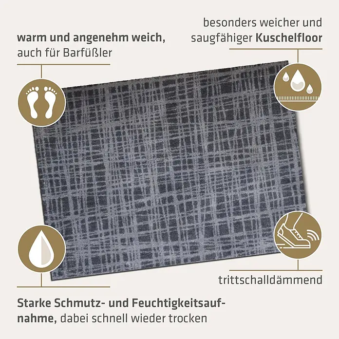 Akzente Fußmatte Feel - Mehrfarbig, Motiv / Muster - Dunkelgraue Fußmatte mit hellgrauem Gittermuster, weich und saugfähig.