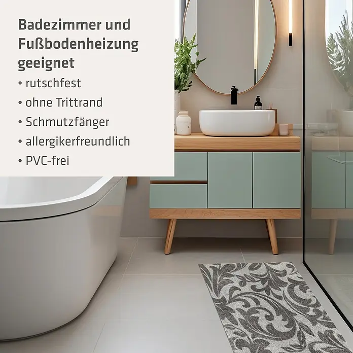 Akzente Fußmatte Feel - 100 x 70 cm, Mehrfarbig, Motiv / Muster|Floral - Rechteckiger grauer gemusterter Badteppich auf hellem Fliesenboden im Badezimmer, für Fußbodenheizung geeignet und rutschfest.