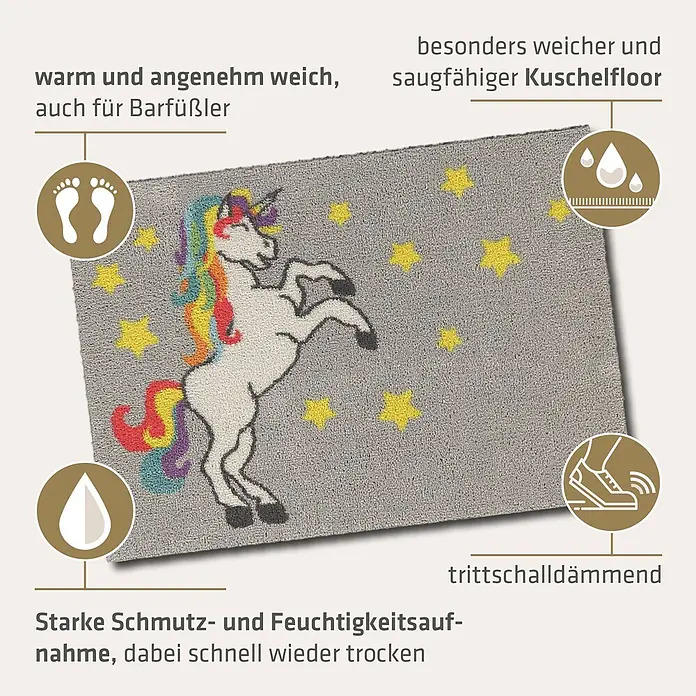 Akzente Fußmatte Feel - Mehrfarbig, Motiv / Muster|Tiere - Graue Fußmatte mit Einhorn und Sternen, weich, saugfähig und trittschalldämmend für hohen Komfort.