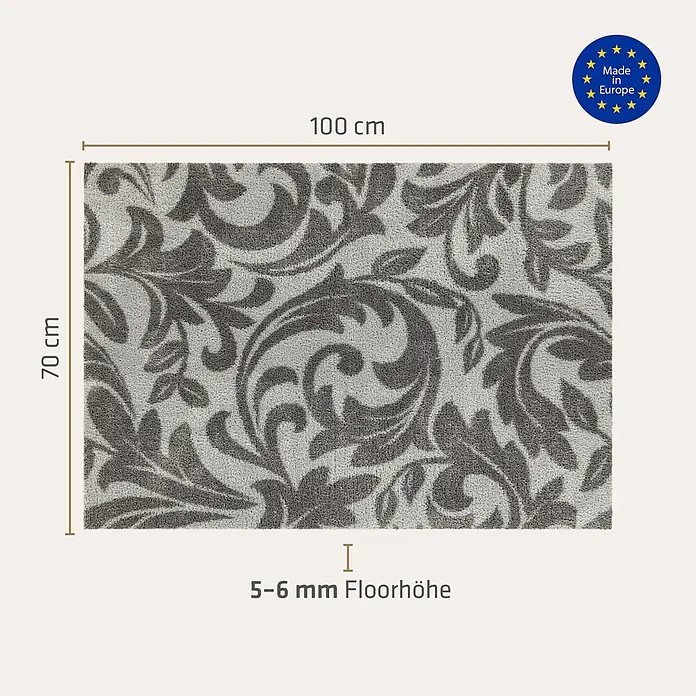 Akzente Fußmatte Feel - 100 x 70 cm, Mehrfarbig, Motiv / Muster|Floral - Grauer Teppich mit floralem Muster, 70x100 cm, 5-6 mm Florhöhe. Hergestellt in Europa.