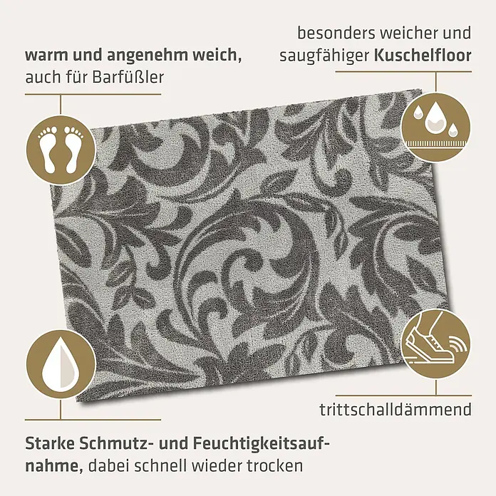 Akzente Fußmatte Feel - 100 x 70 cm, Mehrfarbig, Motiv / Muster|Floral - Graue Fußmatte mit floralem Muster, weich, warm, saugfähig und trittschalldämmend.