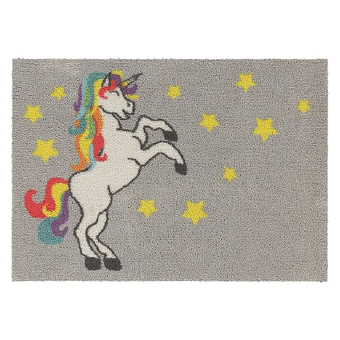 Akzente Fußmatte Feel - Mehrfarbig, Motiv / Muster|Tiere - Graue, strukturierte Fußmatte mit einem aufbäumenden weißen Einhorn mit Regenbogenmähne und -schwanz, umgeben von gelben Sternen.