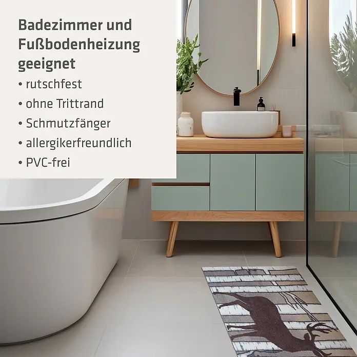 Akzente Fußmatte Feel - Mehrfarbig, Tiere - Mehrfarbige Badematte mit Hirsch- und Ziegelmuster, für Fußbodenheizung geeignet.