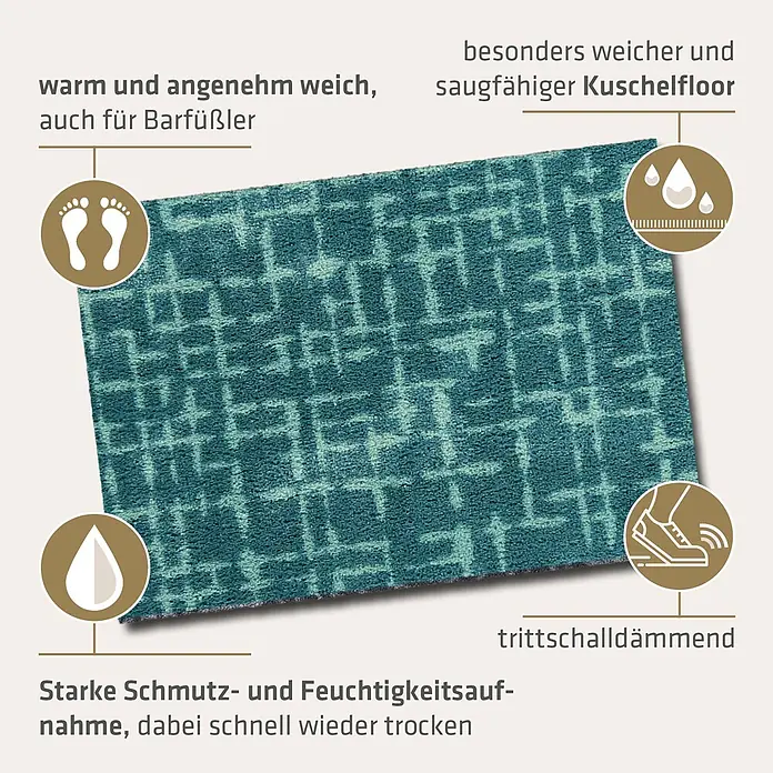 Akzente Fußmatte Feel - Mehrfarbig, Motiv / Muster - Türkisfarbene Fußmatte mit Gittermuster, besonders weich, saugfähig und trittschalldämmend.