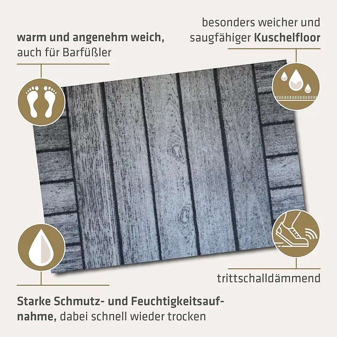 Akzente Fußmatte Feel - Mehrfarbig, Holz-Optik - Graue Fußmatte mit Holzplankenmuster, weich, saugfähig und trittschalldämmend.