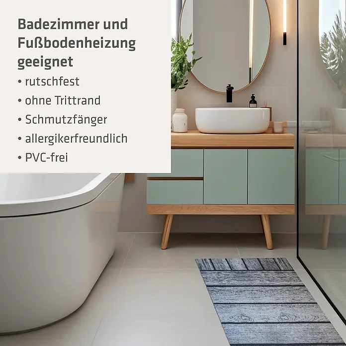 Akzente Fußmatte Feel - Mehrfarbig, Holz-Optik - Graue Badematte in Holzoptik auf hellen Badezimmerfliesen, rutschfest und für Fußbodenheizung geeignet.