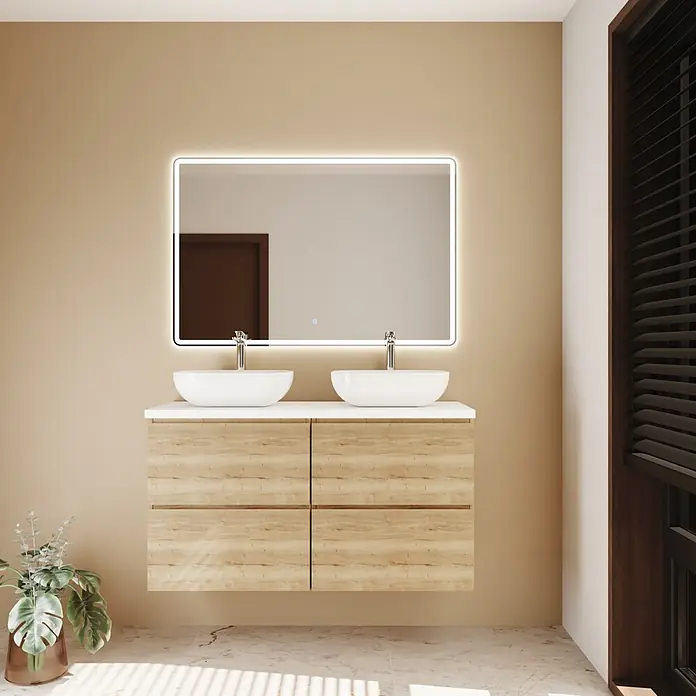 Mueble bajo de lavabo Isa 2 senos - An x Pr x Al: 120 x 44,6 x 54,5 cm, Roble, Apertura con uñero ingletado 45 grados - Mueble de baño doble moderno con cajones efecto madera clara, dos lavabos blancos y espejo retroiluminado.