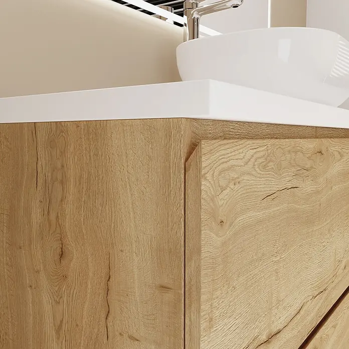 Mueble bajo de lavabo Isa 2 senos - An x Pr x Al: 120 x 44,6 x 54,5 cm, Roble, Apertura con uñero ingletado 45 grados - Mueble de baño de madera clara con encimera y lavabo blancos.