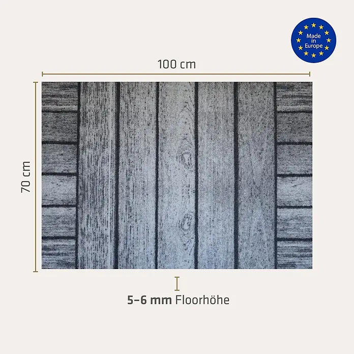 Akzente Fußmatte Feel - Mehrfarbig, Holz-Optik - Rechteckige graue Matte im Holzplankendesign, 100x70 cm, 5-6 mm Florhöhe, Made in Europe.