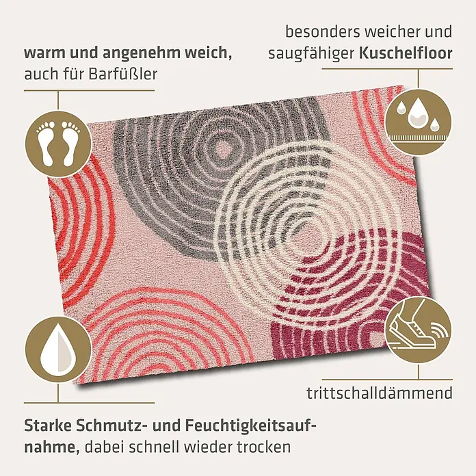 Akzente Fußmatte Feel - Mehrfarbig, Motiv / Muster - Ein weicher, saugfähiger Teppich mit Kreismuster in Rosa, Rot, Grau und Weiß. Komfortabel, schmutz- und feuchtigkeitsabsorbierend.
