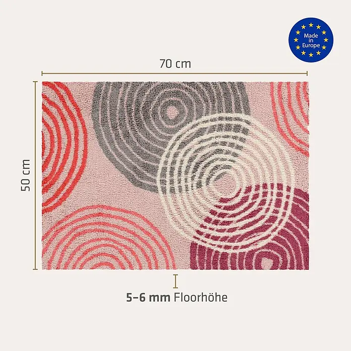 Akzente Fußmatte Feel - Mehrfarbig, Motiv / Muster - Rechteckiger Teppich mit abstrakten rosa, roten, grauen, cremefarbenen und burgunderfarbenen Kreismustern, 70x50 cm, 5-6 mm Florhöhe.