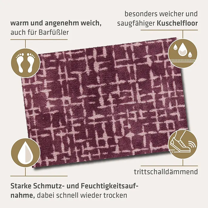 Akzente Fußmatte Feel - 70 x 50 cm, Mehrfarbig, Motiv / Muster - Ein weicher, flauschiger violetter Teppich mit abstraktem hellfarbenem geometrischem Muster, für Komfort und Saugfähigkeit.