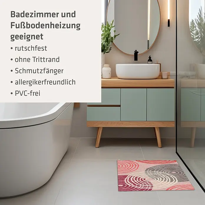 Akzente Fußmatte Feel - Mehrfarbig, Motiv / Muster - Rechteckige Badematte mit wirbelnden Mustern in Pink, Rot und Grau auf einem Badezimmerboden.