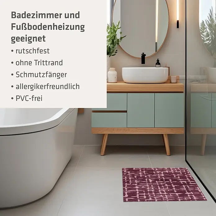 Akzente Fußmatte Feel - 70 x 50 cm, Mehrfarbig, Motiv / Muster - Violette Badematte mit geometrischem Muster auf hellem Badezimmerboden.