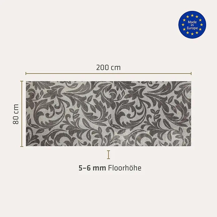 Akzente Fußmatte Feel - Mehrfarbig, Motiv / Muster|Floral - Grauer Teppich mit Blumenmuster, 80x200 cm, 5-6 mm Florhöhe, Made in Europe.