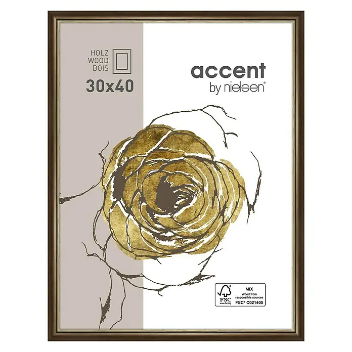 Nielsen Holzrahmen Ascot - 30 x 40 cm, Dunkelbraun/Gold, Glas - Ein eleganter Nielsen Bilderrahmen Akzent 30x40 cm, Holzoptik, ideal für stilvolle Wanddekoration und zur Präsentation Ihrer Lieblingsbilder.