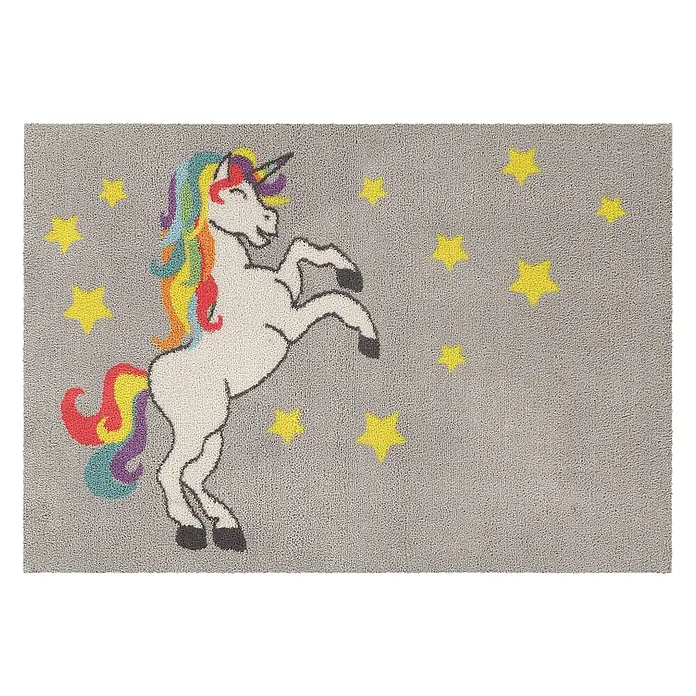 Akzente Fußmatte Feel - 100 x 70 cm, Mehrfarbig, Motiv / Muster|Tiere - Grauer Teppich mit weißem Einhorn mit Regenbogenmähne und -schwanz, umgeben von gelben Sternen.