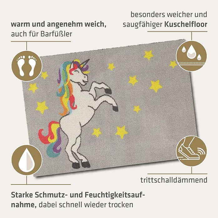 Akzente Fußmatte Feel - 100 x 70 cm, Mehrfarbig, Motiv / Muster|Tiere - Weiche, graue Matte mit weißem Einhorn und gelben Sternen, sehr saugfähig, fußwarm und schnelltrocknend.