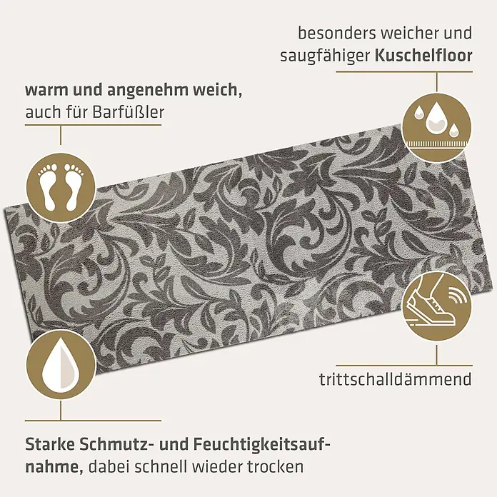 Akzente Fußmatte Feel - Mehrfarbig, Motiv / Muster|Floral - Grau-weiß gemusterter Fußabtreter mit flauschigem Flor, weich für Barfüßer, schallisolierend und stark schmutz- und feuchtigkeitsabsorbierend.