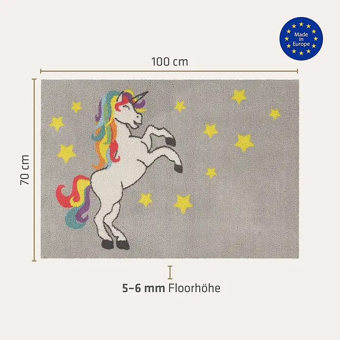 Akzente Fußmatte Feel - 100 x 70 cm, Mehrfarbig, Motiv / Muster|Tiere - Grauer Teppich mit weißem Einhorn, Regenbogemähne und -schwanz sowie gelben Sternen. Maße 70x100 cm.