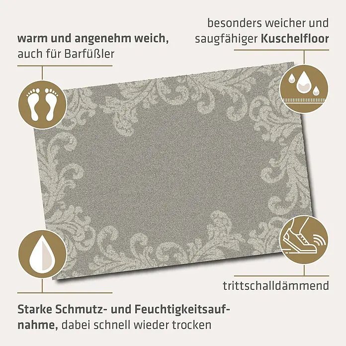 Akzente Fußmatte Feel - Mehrfarbig, Motiv / Muster|Floral - Grau-beige gemusterte Fußmatte, weich, saugfähig, schnelltrocknend und trittschalldämmend, angenehm für Barfüßer.