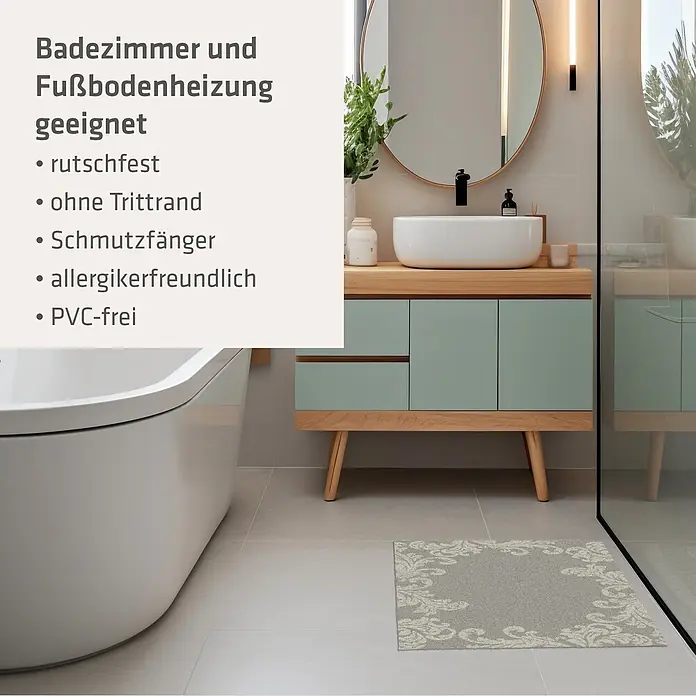 Akzente Fußmatte Feel - Mehrfarbig, Motiv / Muster|Floral - Graue Badematte mit cremefarbenem Blumenmuster im modernen Badezimmer, für Fußbodenheizung geeignet.